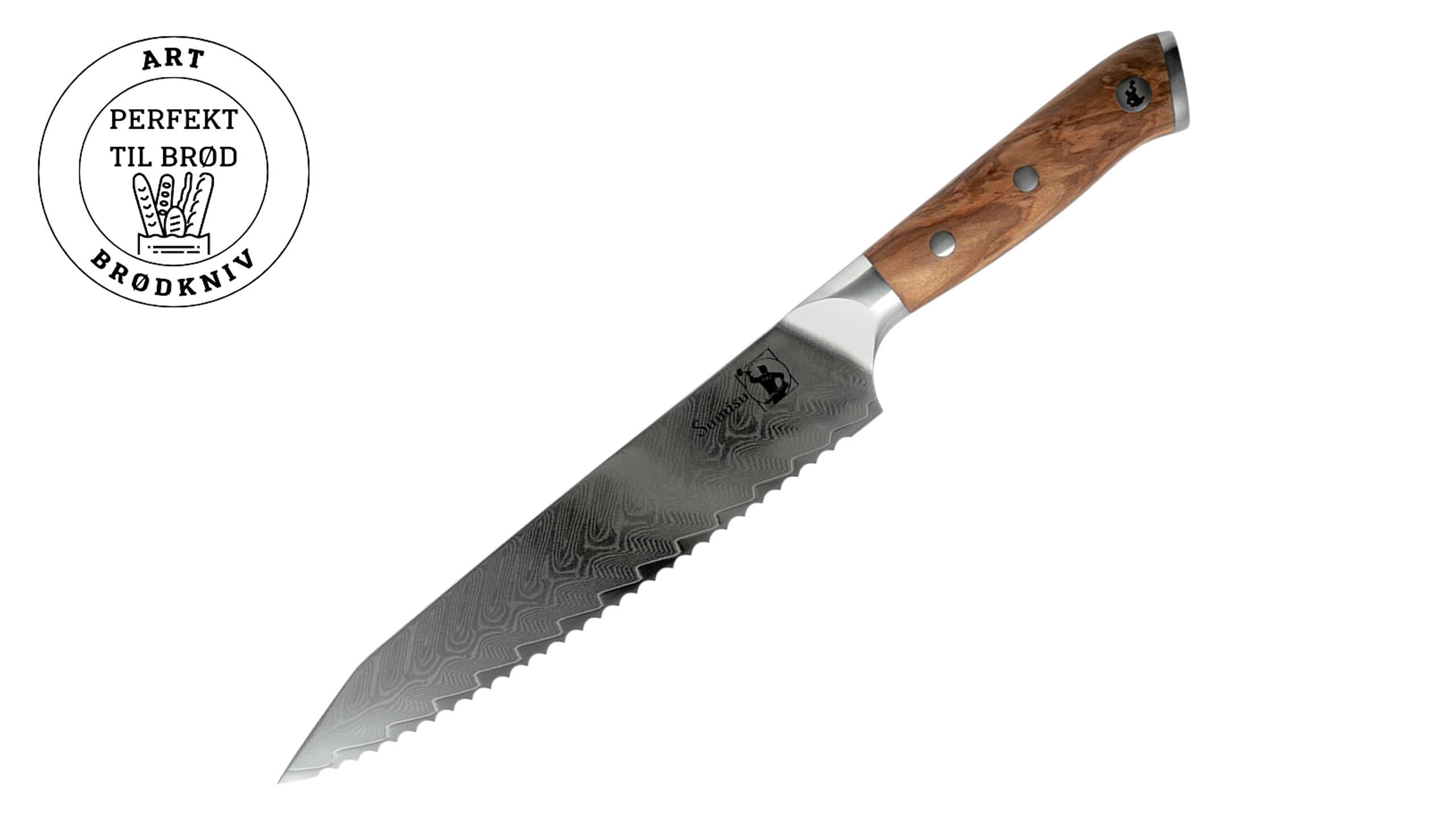 Sumisu Art Brødkniv med bladmønster i damaskusstål og skæfte i træ