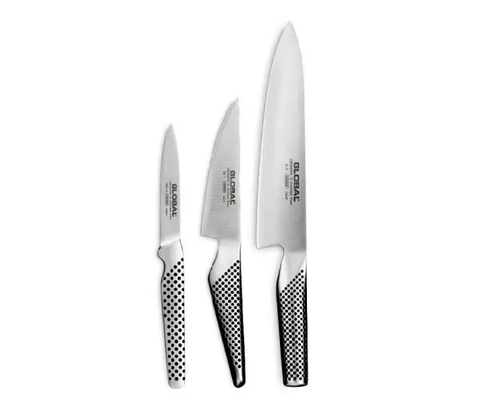 Global knivsæt med tre knive - chefkniv G-2, universalkniv GS-1 og urtekniv GSF-15 - i Cromova 18-stål