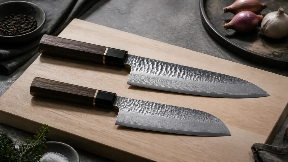 Japansk gyuto og santoku med lagdelt stål og ottekantede træskafter