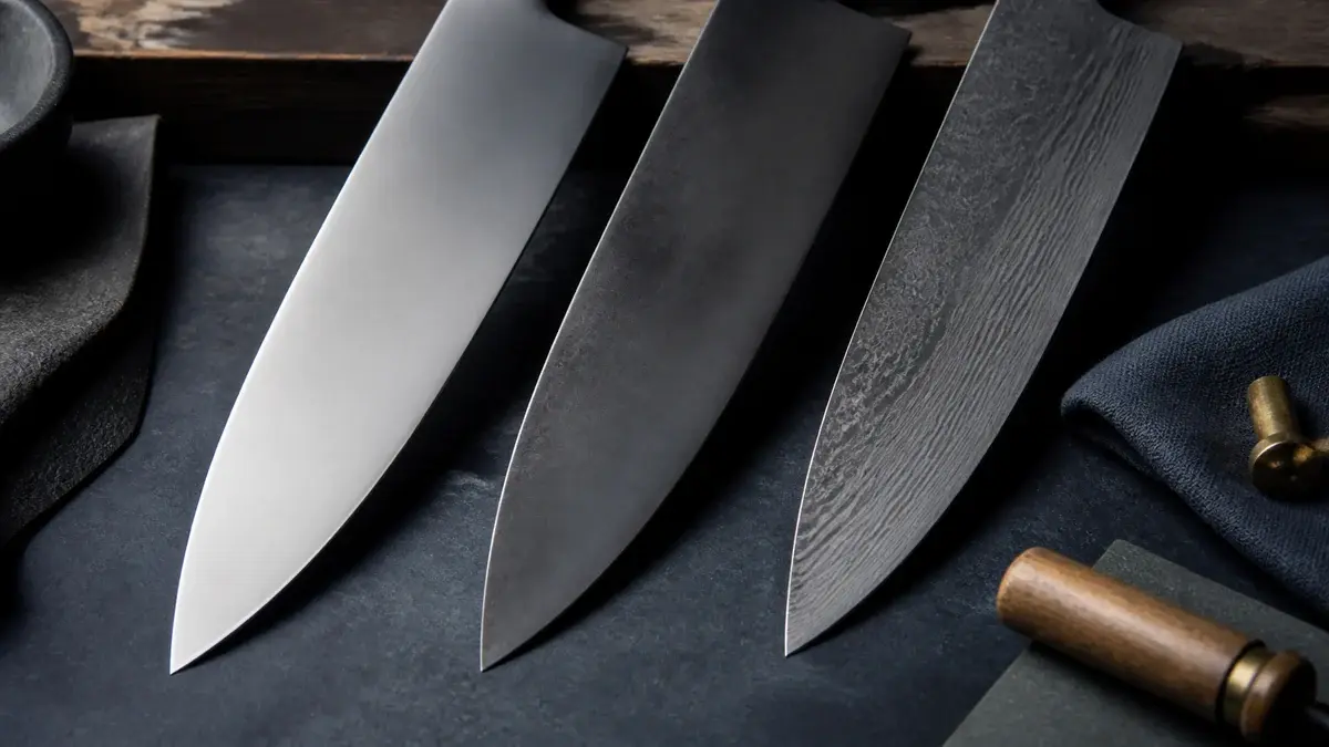 Knivblade i rustfrit stål, kulstofstål og lagdelt damaskusmønster