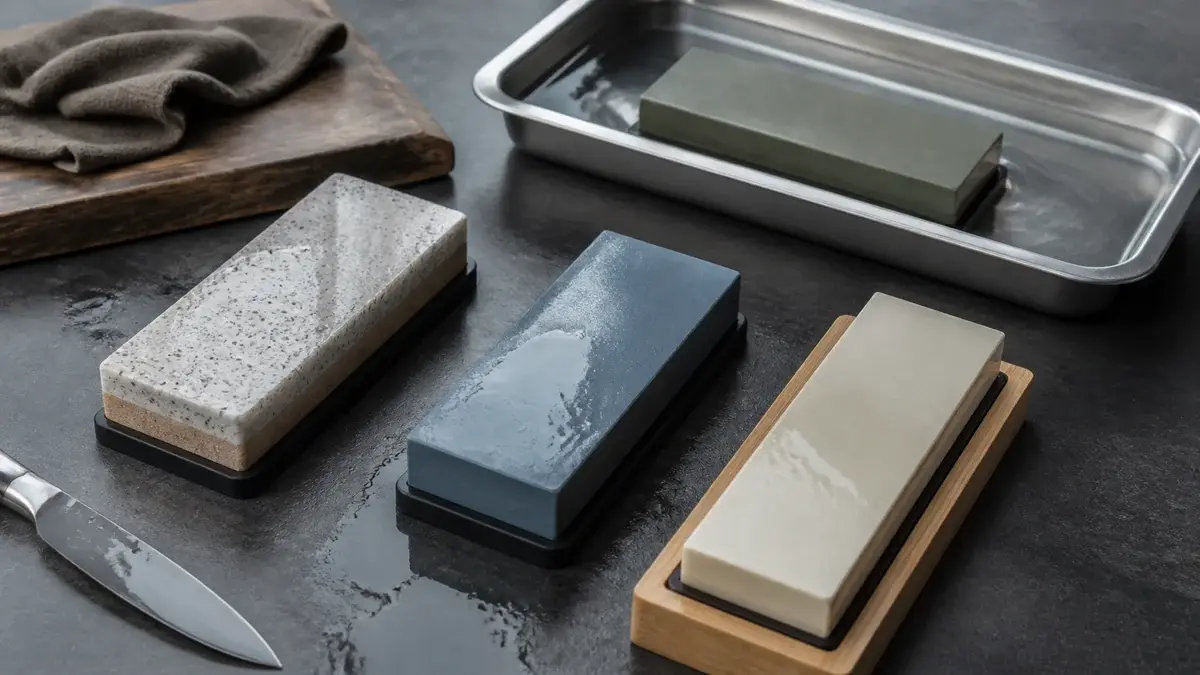 Grove og fine slibesten med vand, bakke og skridsikker holder